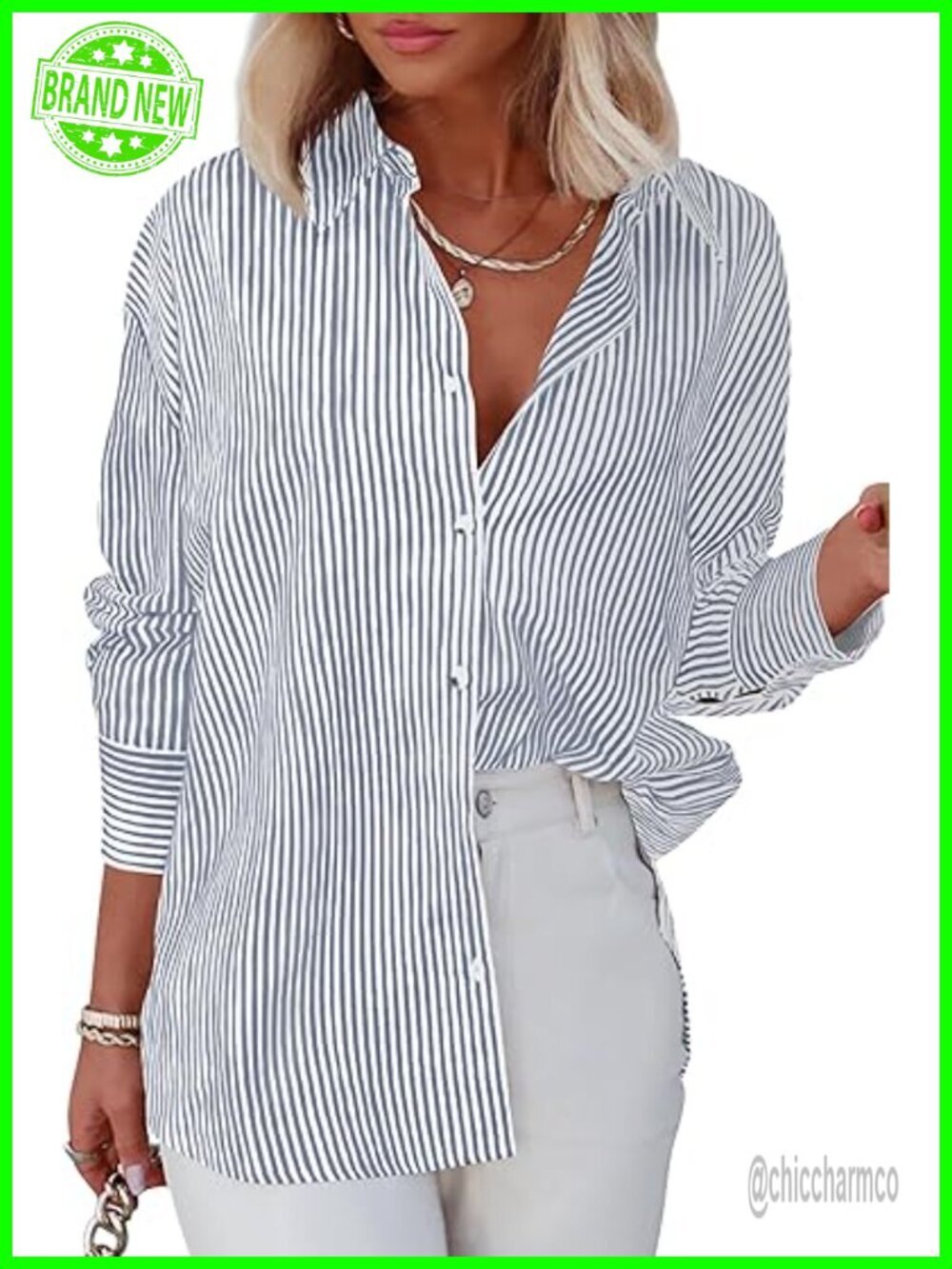 Women's Striped Button Down Long Sleeve Work Blouse